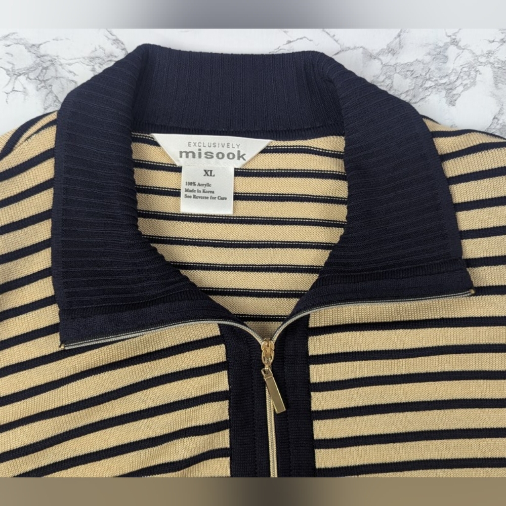 Misook Size XL Acrylic Zipper Cardigan Tan/Navy Horizontal Stripes Like New - Picture 3 of 13